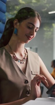 Typing, cafe or woman with phone, online book review or positive feedback comment for writing. Literature rating, reader opinion or critic with digital platform for recommendation, evaluation or tech