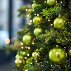 Close-up of a magnificent, full Christmas tree, adorned exclusively with glossy lime green baubles, sparkling green tinsel