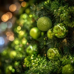 Close-up of a magnificent, full Christmas tree, adorned exclusively with glossy lime green baubles, sparkling green tinsel