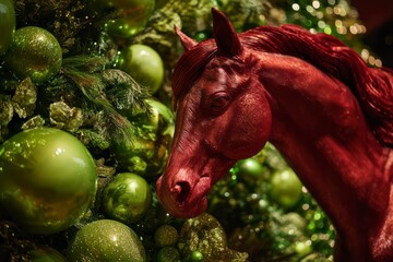 Close-up on a grand, lush New Year tree, meticulously decorated with only shimmering lime green baubles and sparkling green lights