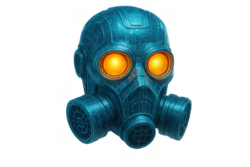 Futuristic gas mask head with glowing orange eyes, representing dystopian cybernetic intelligence and advanced technology