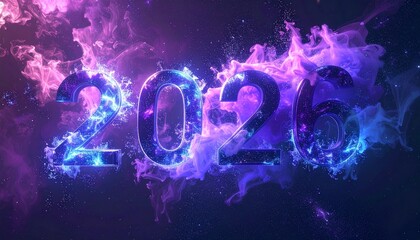 3D cosmic nebula particles forming numbers “2025” then swirling into “2026,” deep space, stardust, purple-blue glow, mystical