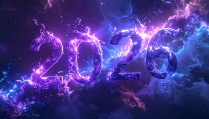 3D cosmic nebula particles forming numbers “2025” then swirling into “2026,” deep space, stardust, purple-blue glow, mystical