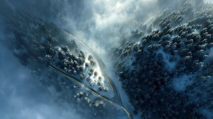 High altitude shot, vast snow-capped mountain range, lush dark green winter forest, a perfectly symmetrical Christmas tree shaped road