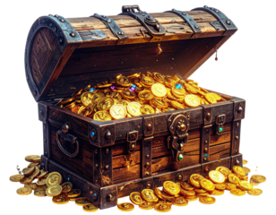 A weathered wooden chest overflows with golden coins. Spillover on the floor