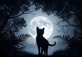 Black Cat Silhouette Gazing at a Bright Full Moon in a Dark Forest at Night