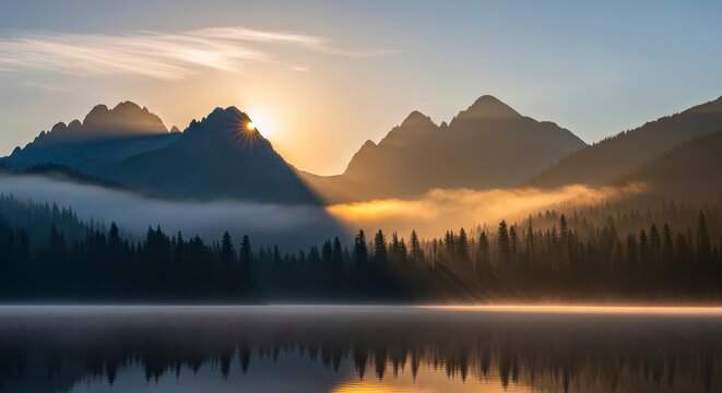 Sunrise over the mountains with fog and trees reflecting in the lake creating a serene landscape