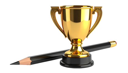 Gleaming gold trophy and a classic pencil rest on a stark, black background