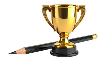 Gleaming gold trophy and a classic pencil rest on a stark, black background