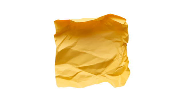 A single crumpled piece of yellow paper with a rough edge isolated on transparent background