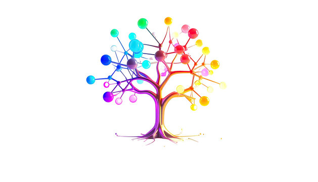 Glowing colorful tree illustration on black background, circuit-like appearance