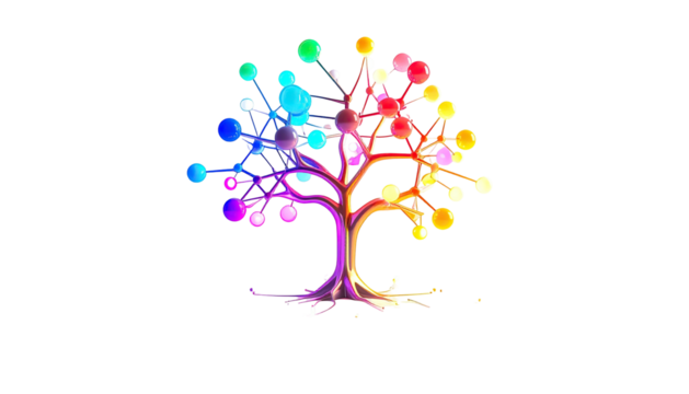 Glowing colorful tree illustration on black background, circuit-like appearance