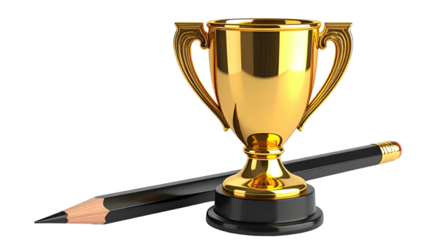 Gleaming gold trophy and a classic pencil rest on a stark, black background