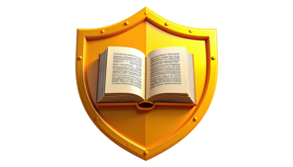 Golden shield encasing an open book, symbolizing protection of knowledge or education