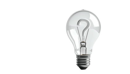 Transparent lightbulb with a question mark on black background, representing ideas