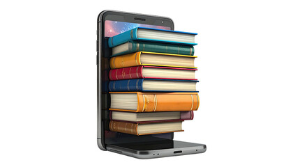 A smartphone displaying a stack of colorful books, representing digital learning and knowledge