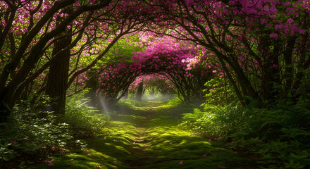  Each aims to evoke the image: a sunlit forest path framed by blooming flowers, leading to a glowing clearing.

Option 1
“Whispers Through the Pink Arc: A Sunlit Trail Forged by Blossoms and Dappled L