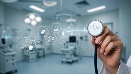 A hand holds a stethoscope with an overlay of health icons against the backdrop of a medical room - Powered by Adobe