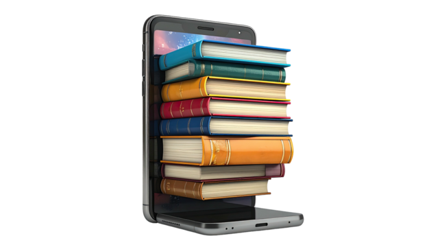 A smartphone displaying a stack of colorful books, representing digital learning and knowledge