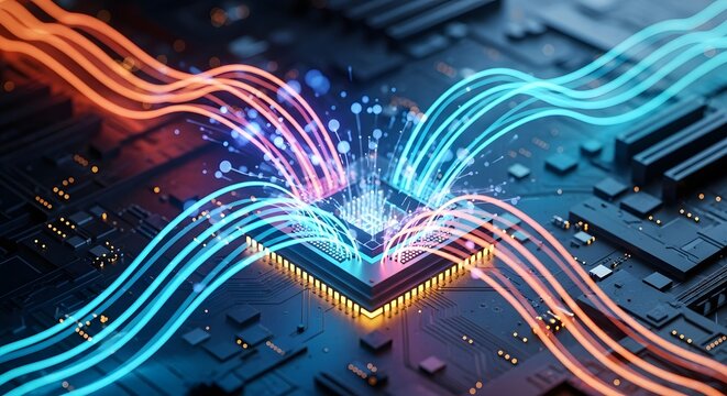 Abstract microchip with flowing light streams representing data transfer and processing