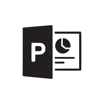 A black and white icon of a presentation document with a pie chart and the letter p on it shown
