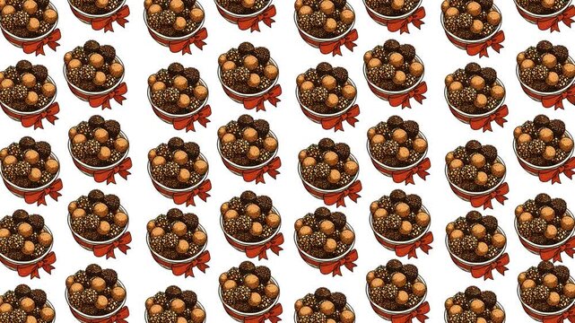 Repeating pattern of chocolate truffle bowls decorated with nuts and ribbons on a clean background. Ideal for food-themed footage, dessert branding, packaging concepts, and festive sweet promotions