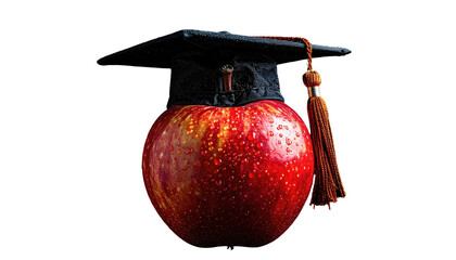 A ripe red fruit wearing a miniature academic headwear on a solid black background
