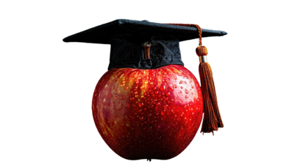 A ripe red fruit wearing a miniature academic headwear on a solid black background