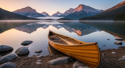 Wooden canoe resting on the shore of a calm lake with mountains reflected in the water at sunrise