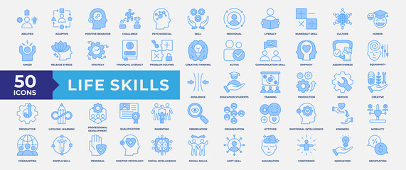 Life Skills icon set, containing adaptive, positive behavior, challenges life, psychosocial, individual, active and productive. Simple Blue Vector Illustration.