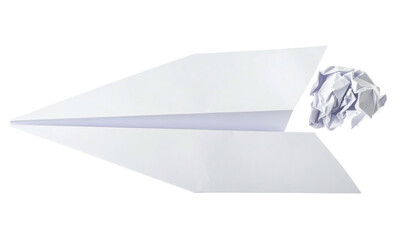 A white paper airplane with a crumpled paper "engine" against a black background