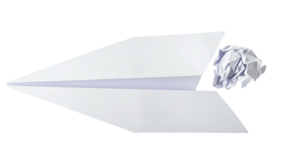 A white paper airplane with a crumpled paper "engine" against a black background