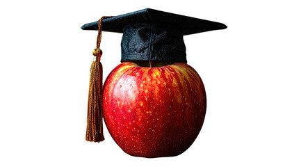 A vibrant red apple wearing a miniature graduation cap and tassel against a dark background