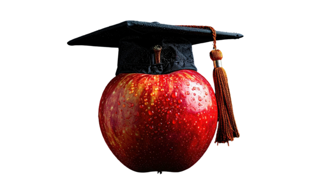 A ripe red fruit wearing a miniature academic headwear on a solid black background