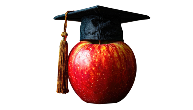 A vibrant red apple wearing a miniature graduation cap and tassel against a dark background
