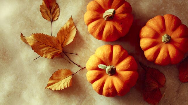 Thanksgiving autumn composition with orange pumpkins, dry leaves on beige background, fall harvest festival, cozy seasonal decor, traditional autumn holiday, warm color palette, festive autumnal scene