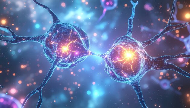 Vibrant nerve cells transmitting electrical signals, a stunning visualization of brain activity and neural connections for science and medical research