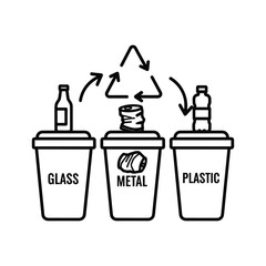Recycling bins for glass, metal, and plastic with arrow symbol