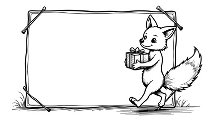 Fox carrying gift box in frame, Black Friday shopping and holiday sale concept