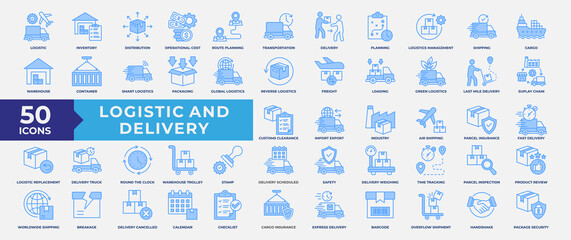 Logistics and Delivery icon set. Containing supply chain, Logistic, inventory, distribution, route planning, transportation, delivery, planning and management. Simple Blue Vector Illustration.