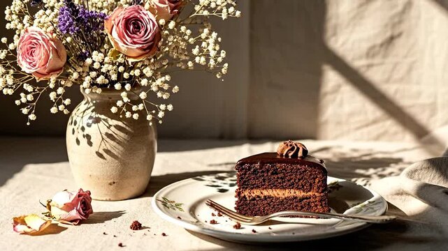 A decadent chocolate cake beside a floral arrangement in soft sunlight.