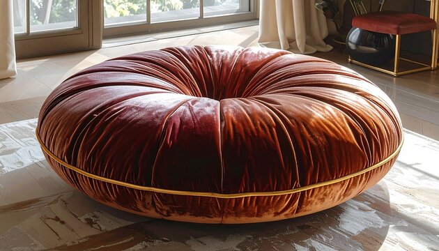 Plush, velvet, circular ottoman in rich burgundy hue, accented by a gold trim, sits on a patterned floor, with natural light