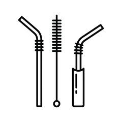 Reusable metal drinking straws with cleaning brush, isolated on