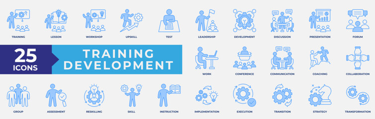 Training Development icon set. Containing development, learning, workshop, coach, mentor, curriculum and seminar. Simple Blue vector illustration.