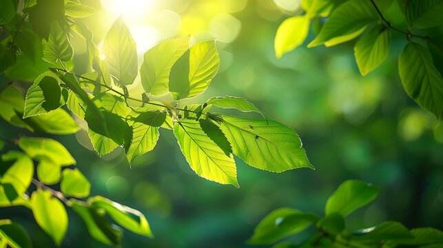 Sunlight filtering through vibrant green leaves on a tree branch in a lush forest setting outdoors