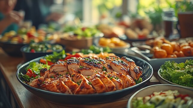 Grilled chicken feast on a wooden table. - Powered by Adobe