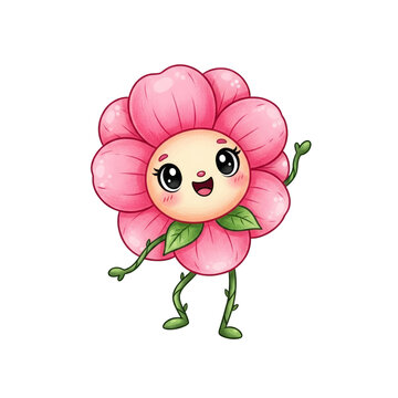 Watercolor Cheerful cartoon flower with arms and legs isolated on a transparent background