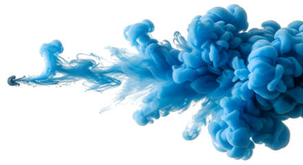 Bright blue ink cloud swirling and expanding in water with a dark background isolated on a transparent background