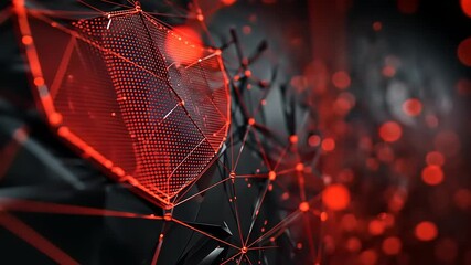 Abstract digital illustration of a red shield symbolizing cybersecurity with network connections in background - Powered by Adobe