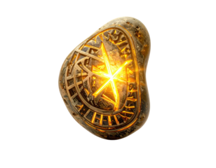 Glowing golden object with intricate circular design and inner radiating star shape on black background